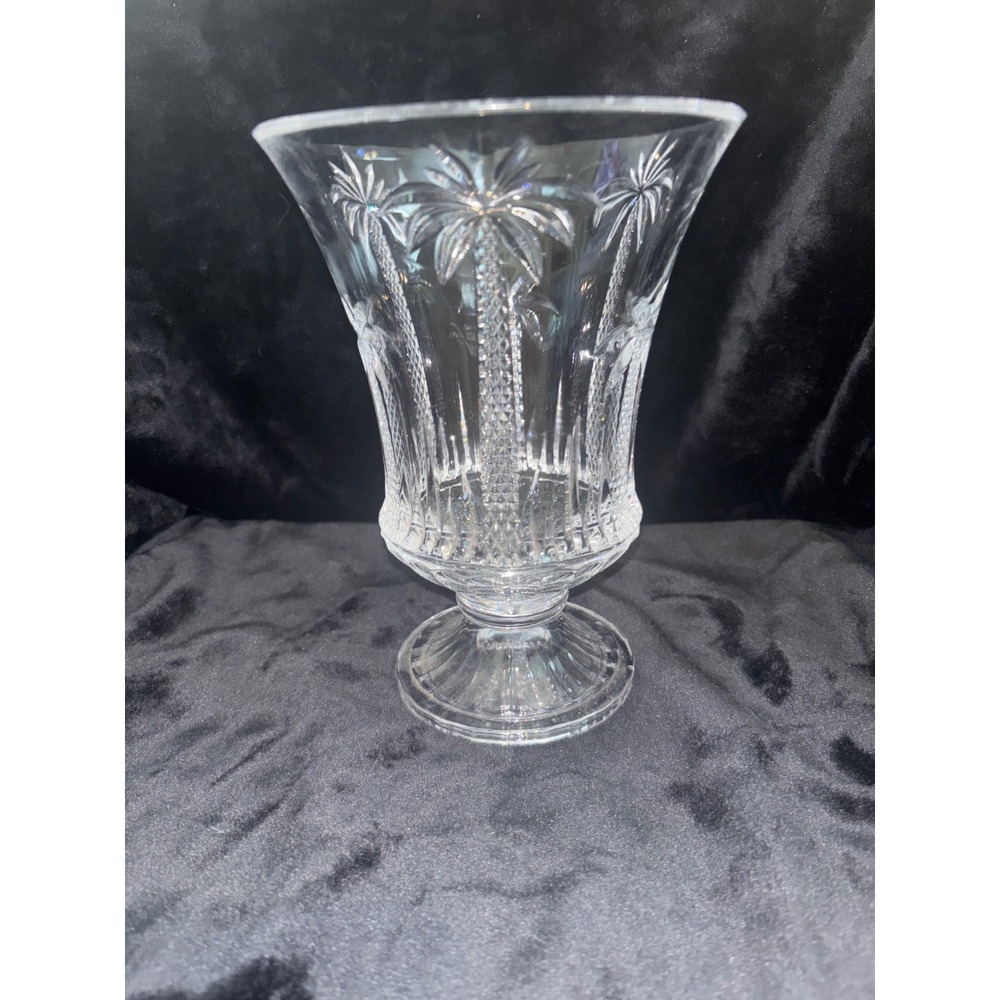 Crystal Palm Tree Vase Unisex 8in Clear Excellent Etched Coastal Hurricane